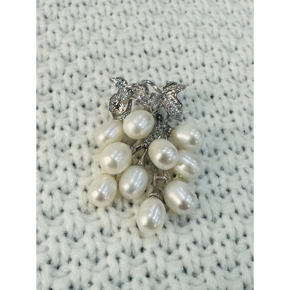 Vintage Silver Tone Faux Pearl Grape Cluster Brooch Pin Costume Jewelry